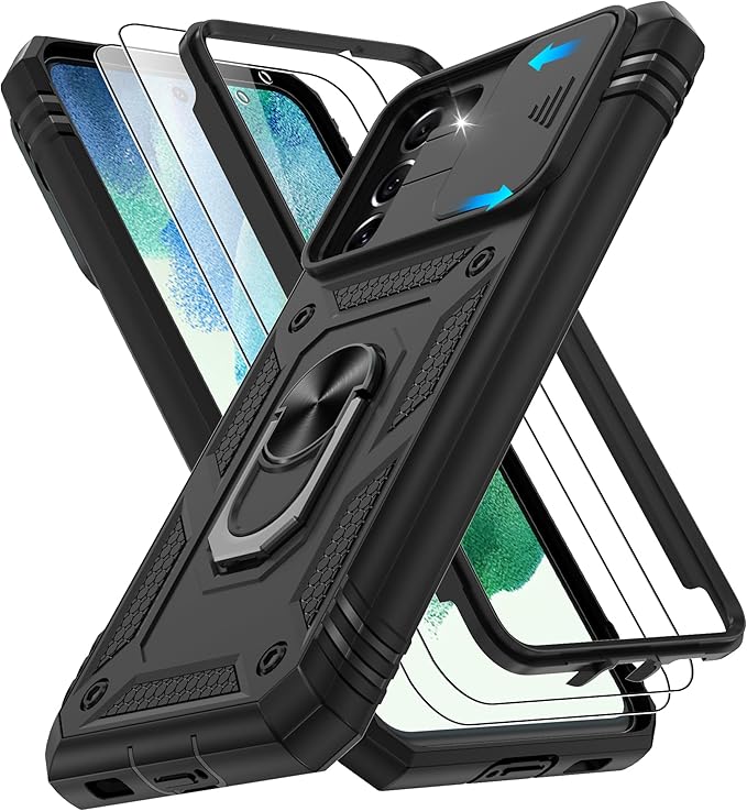 Gritup for Samsung Galaxy S21 FE 5G Case with 2PCS Screen Protector, Build in 360° Rotating Ring Kickstand, Military Grade Protective Case for S21 FE Phone, Black by Gritup