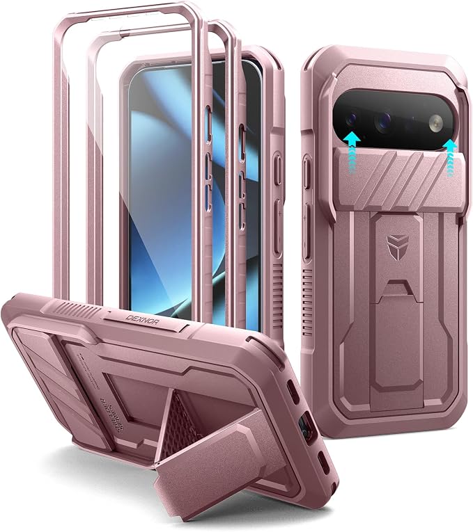 Dexnor for Google Pixel 11/11 Pro Case with Slide Camera Cover & 2 Front Frames & Built-in Screen Protector & Kickstand,Full-Body Shockproof Protective Cover Heavy-Duty Rugged Cases,Peony Pink(2026) by Dexnor