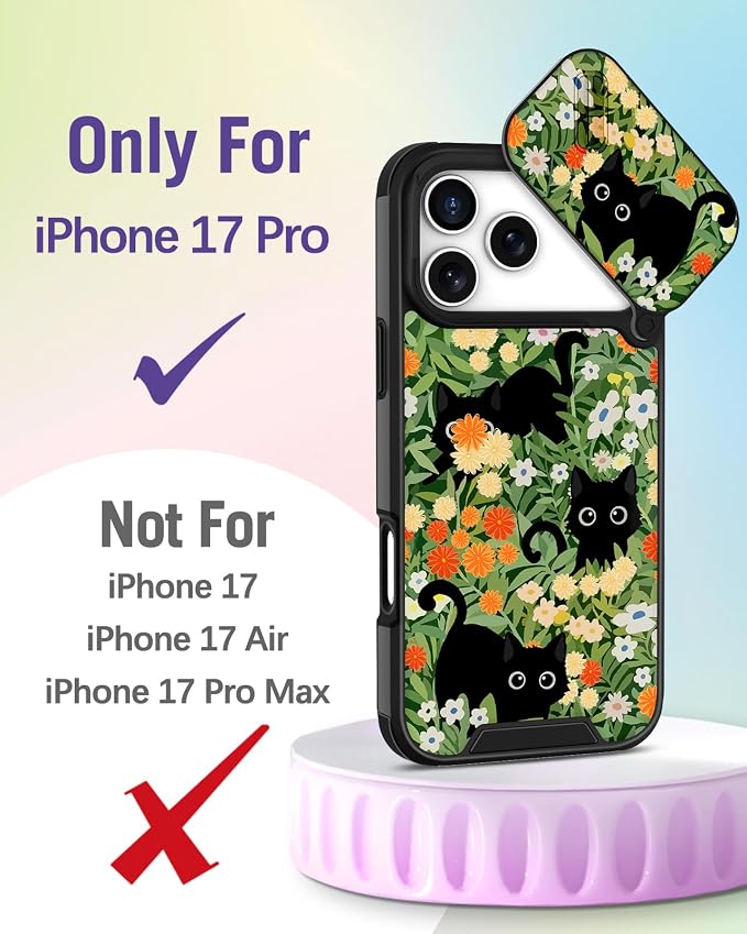 Buleens for iPhone 17 Pro Case 6.3 Inch - with Ring Stand & Camera Cover Aesthetic Cute Designed for Women Girls Pretty Girly Cat Flowers Phone Case for iPhone 17 Pro Compatible with Magsafe - Image 2