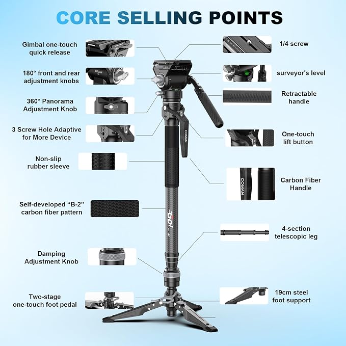 M1V5 Camera Monopod, One-Click Lifting Monopod with Feet, 67'' Lightweight monopod with V5 Fluid Head for Camera, DSLR, Camcorder (M1V5) - Image 6