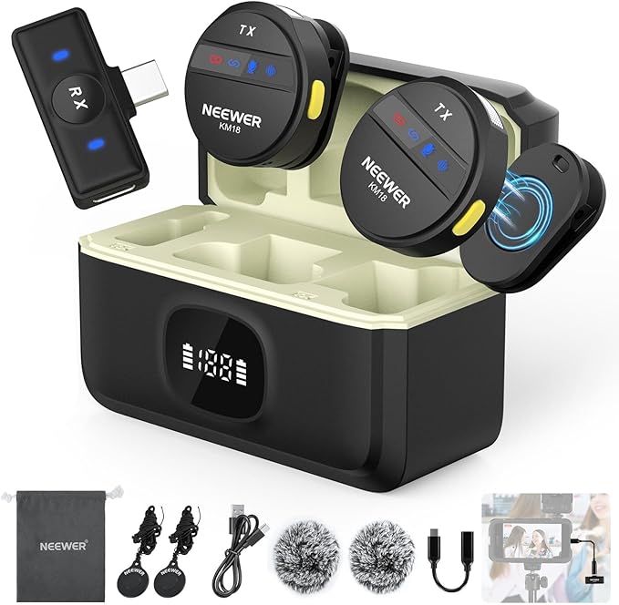 NEEWER Wireless Lavalier Microphone System Compatible with iPhone Android Phone PC Laptop Computer, Noise Cancelling Mini Lapel Mic Set with USB C OTG Charging Case 24H Battery 200m Long Range, KM18 by Neewer