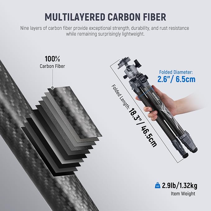 NEEWER LITETRIP LT34 62" Travel Tripod Carbon Fiber with Removable 360° Panorama Head, Center Axis, Fast Flip Buckle, Arca QR Plate Compatible with PD, Max Load 22lb/10kg - Image 3