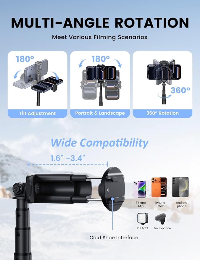Lamicall 65" Tripod for iPhone 0.77lb Selfie Stick with Remote & Cold Shoe | Auto Open Phone Tripod Ultra-Stable Phone Stand for Recording for Travel Live Stream Vlog fit iPhone 17 Pro Max Android-Black - Image 5
