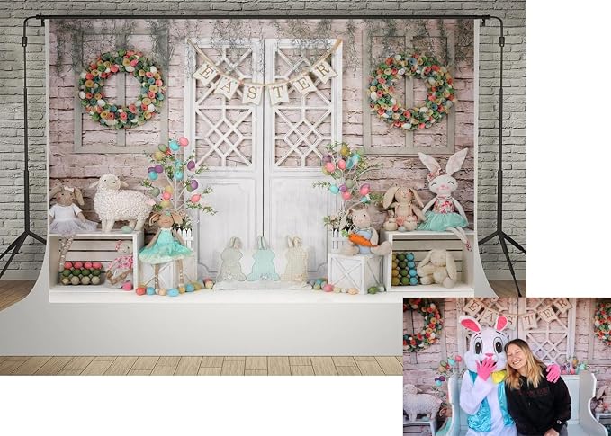 Kate 7x5ft Spring Happy Easter Day Photography Backdrops Colorful Egg | Cute Rabbit Toy Photographic Background Retro Gray Wall White Door Baby Shower Newborn Backdrop by KateBackdropforPhotography