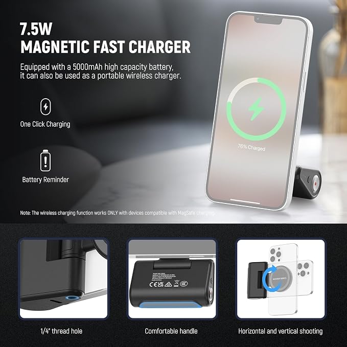 NEEWER Basics Magnetic Phone Camera Grip Handle with Shutter Remote Compatible with MagSafe iPhone ONLY, 18W Magnetic Charging, 5000mAh Rechargeable for Vlog Selfie Tripod Video Recording, WS-25001 - Image 5
