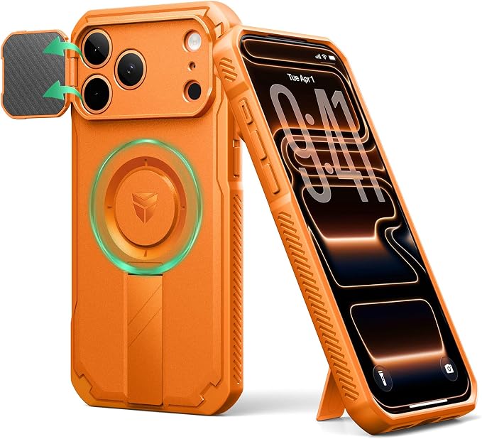 Dexnor for iPhone 17 Pro Max Case, [Built-in Flip Camera Cover & Camera Control Cover & Kickstand], Compatible with MagSafe, Heavy-Duty Rugged Shockproof Magnetic Phone Cover, 6.9 inch Orange by Dexnor