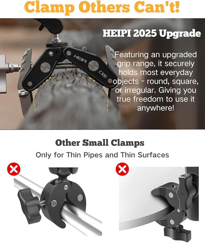 HEIPI C100 Super Clamp & MA137 Magic Arm & Phone Clip, Max Clamping 3.93" | Clamp & stand design. Max clamping 3.93" / 10cm. Dual screw mounts: 1/4"-20 & 3/8"-16. Universal for tripod accessories - Image 4