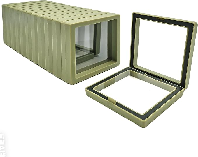 12 PCS Dual-Color Packaging Box 3D Floating Frame Display Stand, Color-Matching Packaging Display Box, Transparent Window Jewelry Case, PE Film Anti-Oxidation Storage Case. (Fruit Green+Black) by Unknown
