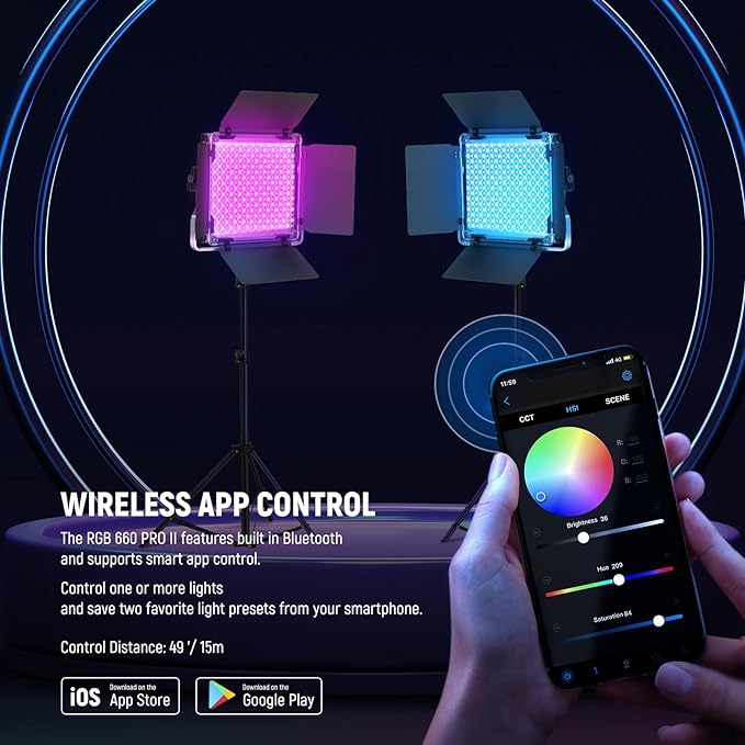 NEEWER Upgraded 660 PRO II RGB LED Video Light w App Control Tripod Stand | 2 Pack Kit, 50W, 1% Min Dimming, CRI97+, 3200K-5600K, for Game Streaming YouTube Studio, Bluetooth - Image 4