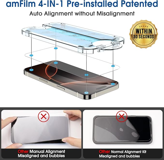 amFilm OneTouch for iPhone 16 Pro Max Screen Protector 6.9'' Tempered Glass | Auto-Alignment, 30s Install, Bubble Free, Scratch & Drop Protection, HD Clear, Camera Lens Protector, 2+2 Pack (16P-6.9'') - Image 3