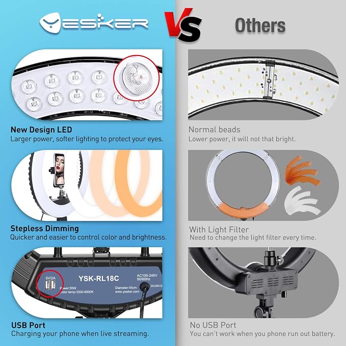Yesker Ring Light 18 Inch with Stand Tripod Big Selfie Ringlight Adjustable 6000K Dimmable LED Portable Professional Ring Lights Kit Phone Holder for Camera Live Streaming Makeup YouTube Video TikTok - Image 6