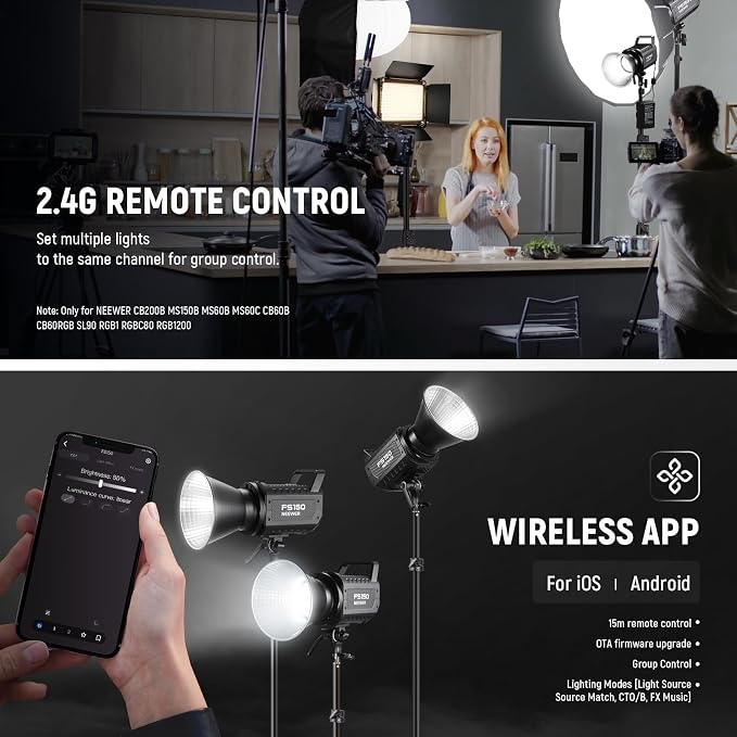NEEWER FS150 LED Video Light 2.4G/APP Control, 130W 5600K COB Daylight Silent Photography Continuous Output Lighting 4 Precise Dimming Types 102000lux/1m CRI97+ 9 Effects Bowens Mount, US Plug - Image 7