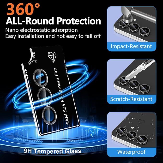 for Samsung Galaxy S25 FE Camera Lens Protector, Individual Metal Ring Tempered Glass Lens Cover, [Strong Adsorption] Scratch Resistant Ultra-Thin HD Clear Lens Cover, 1 Set-Black - Image 2