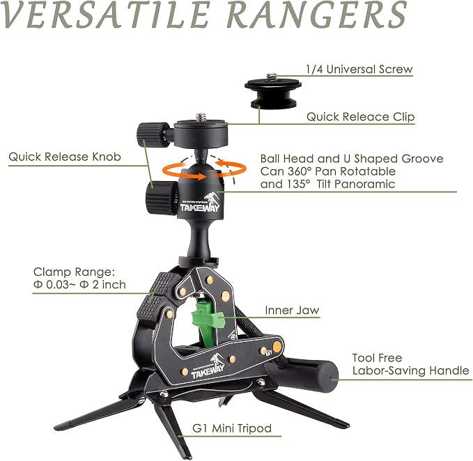Camera Clamp Mount Tabletop C Clamp Mount Stand with Phone Holder, 360°Rotatable Mini Ball Head and 1/4" Screew Quick Release Clamp for GoPro/Brinno/DSLR/MILC/SLR Camera and Smartphone - Image 2