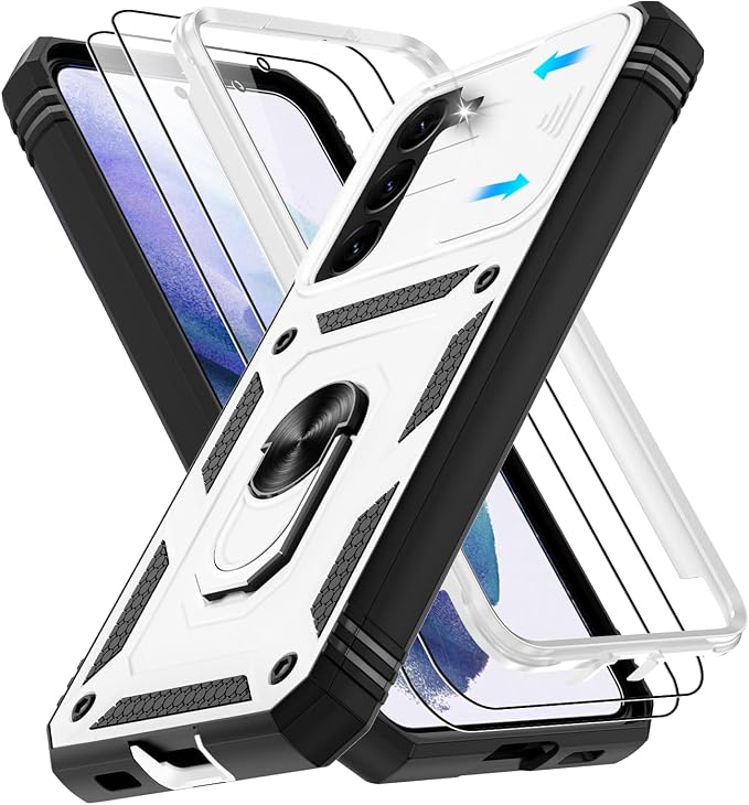 Gritup for Samsung Galaxy S22+ Plus Case with Screen Protector*2, Galaxy S22 Plus Case Build in 360° Rotating Ring Kickstand, Military Grade Protective Case for S22 Plus Phone, White+Black by Gritup