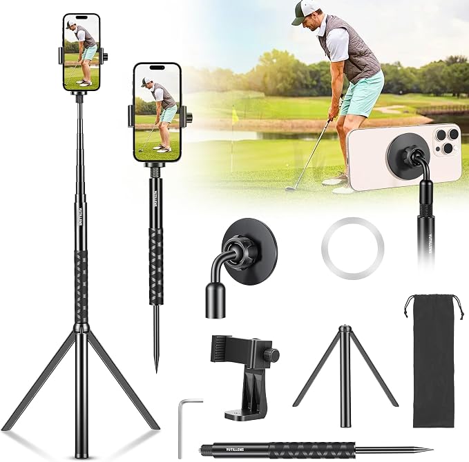 Golf Tripod Monopod, Magnetic Phone Stand for Swing Recording | 53.5" phone holder for iPhone/Android, with clamp, MagSafe/metal ring mount, 1/4"-20 screw, spike, tripod, carry bag by Unknown