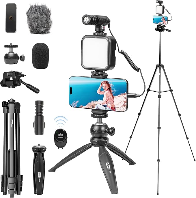 Content Creator Essentials w/Camera Tripod,Light & Mic Vlog K4 | Vlogging Kit for iPhone & Android,w/ Shotgun Microphone,59" Camera Mount Tripod,LED Light,Ball Head Mount for Video Recording by USKEYVISION