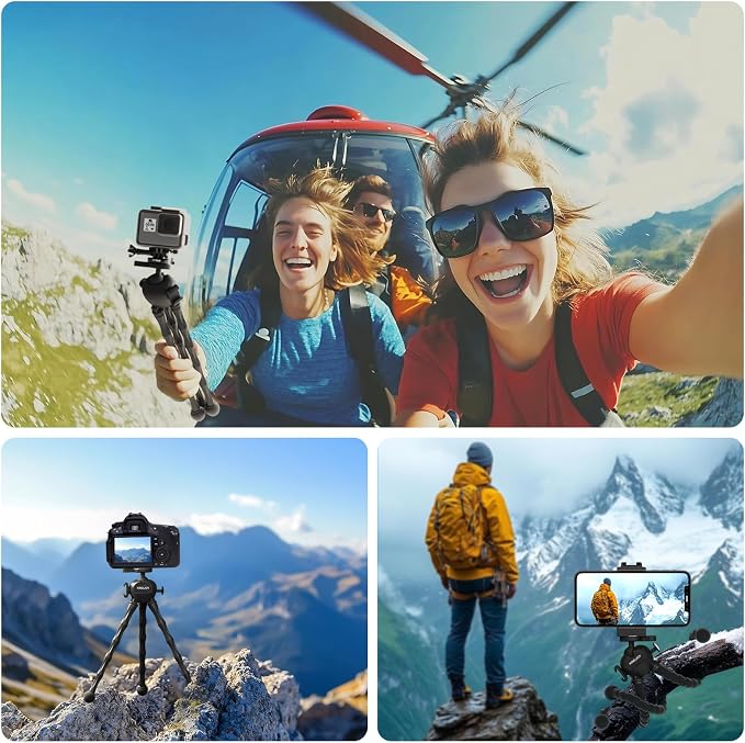Flexible Action Camera Tripod for Gopro, Octopus Vlogging Tripod with Detachable Legs, 360° Ball Head, Cold Shoe & Remote, Portable Camera Stand Mount for GoPro, DJI, Compact Camera - Black - Image 2