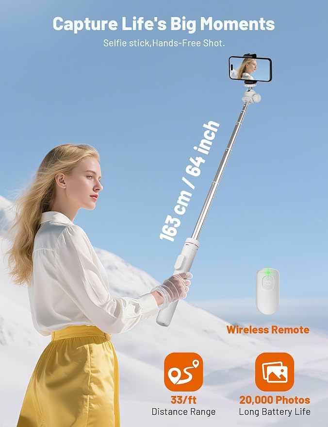 JOILCAN Tripod for iPhone & Camera, 64" Selfie Stick 360° Ball Head Remote | Extendable Portable Phone Tripod Stand for Travel Vlog Compatible with iPhone DJI Canon Sony DLSR (White) - Image 4