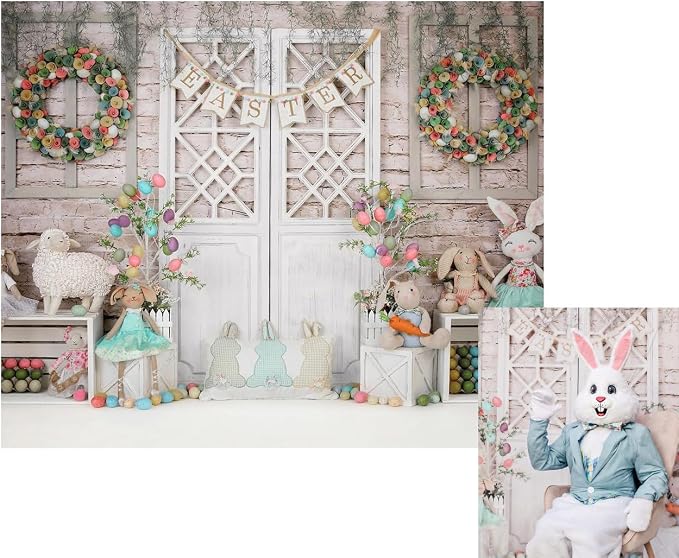 Kate 10x8ft Happy Easter Photography Backdrops Colorful Eggs | Cute Rabbit Toy Photographic Background Retro Wall White Door Baby Shower Newborn Shooting Backdrop by KateBackdropforPhotography