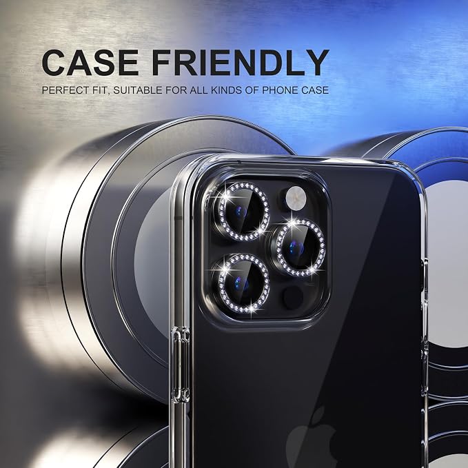Choiche for iPhone 15 Pro/iPhone 15 Pro Max Camera Lens Protector | Ultra HD, Bling 9H Tempered Glass Camera Cover Screen Protector Metal Ring Decoration Accessories (Diamond-Black) - Image 4