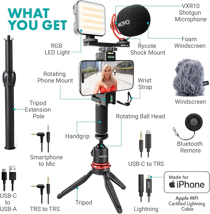 Movo iVlogger-PRO Vlogging Kit for iPhone/Android - YouTube Starter Kit for Content Creators - Accessories: Phone Tripod, Phone Mount, RGB Light and VXR10 Shotgun Mic - Image 2