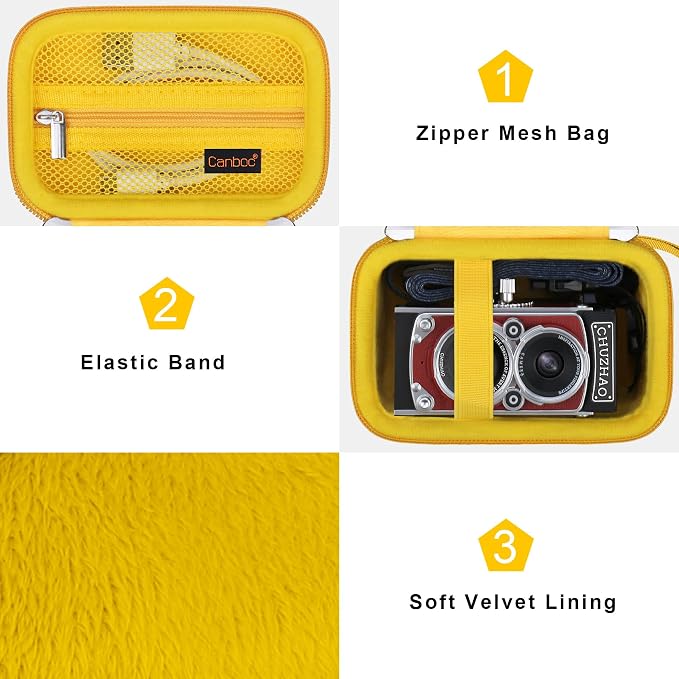 Canboc Carrying Case for CHUZHAO Vintage Mini Digital Camera, Yellow | Portable TLR Style Retro Camera Bag, Mesh Pocket fits USB Cable, SD Card, Case Only - Image 6