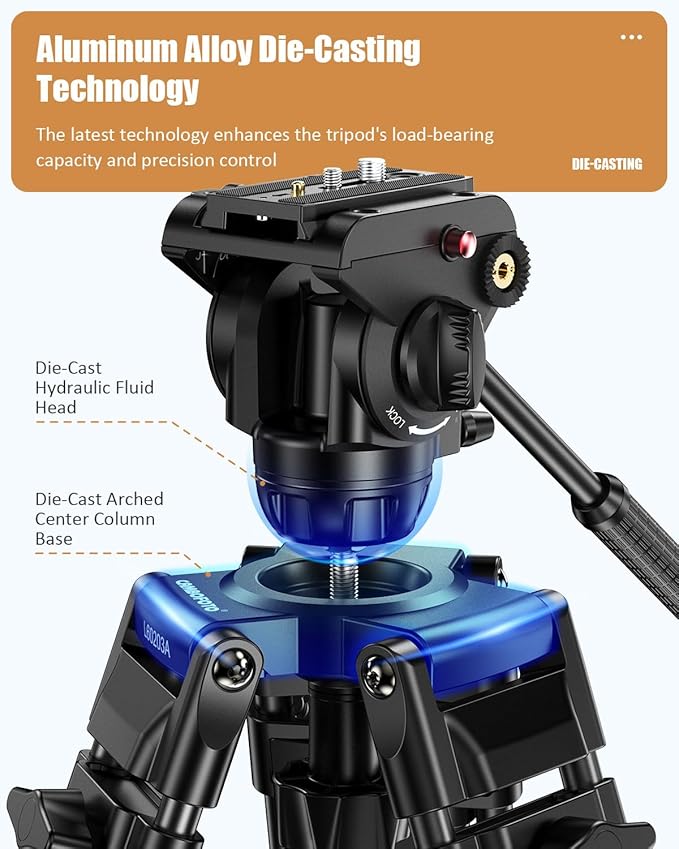 CAMBOFOTO 74"/190cm Video Tripod, Heavy Duty Tripod for Camera, Fluid Head | Professional Tripod with 2 Quick Release Plates(3/8" & 1/4"), Smooth Friction Damping for DSLR Camcorder Telescope, 20lb Load - Image 3
