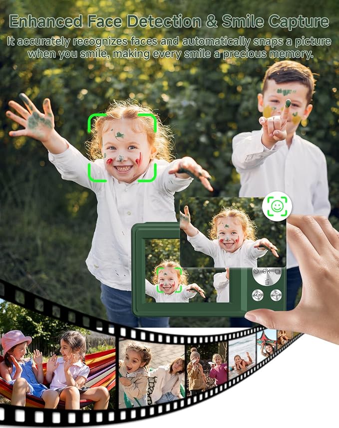Digital Camera for Kids, FHD 1080P 44MP Point and Shoot Digital Camera with Face Detect, Smile Capture, 16X Zoom, 20 Filters, Anti Shake, 32GB SD Card Green Compact Vintage Camera - Image 5
