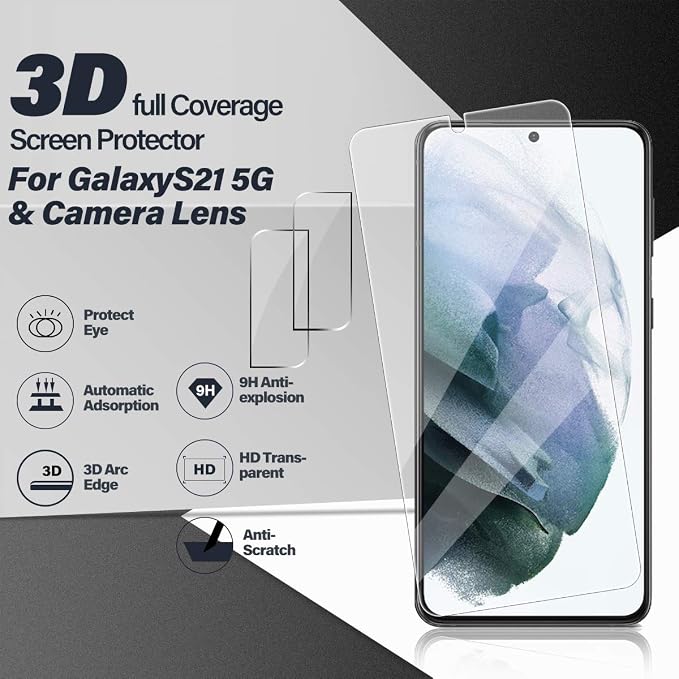 Galaxy S21 Tempered Glass Screen Protector + Camera Lens Protector [ 2 + 2 Pack ][Case Friendly] [Anti-Scratch] [Ultrasonic Fingerprint Unlock] Clear HD Glass Protective Film for Samsung Galaxy S21 - Image 2