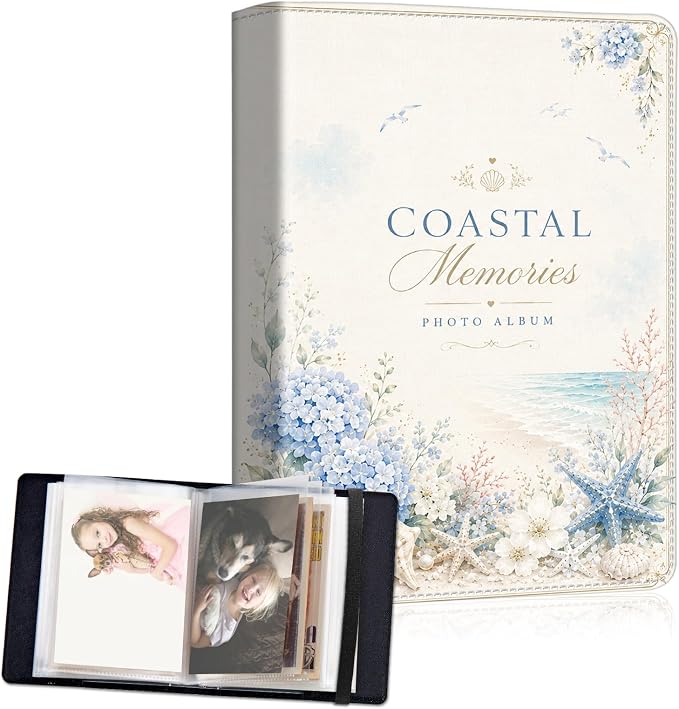 DEGDFSGR 4x6 Small Photo Album, 60 Pockets Holds 120 Photos | Slip-in pockets, black elastic band, portable for family, wedding, baby, travel photos, Seaside Coastal Hydrangea Seashell by Unknown