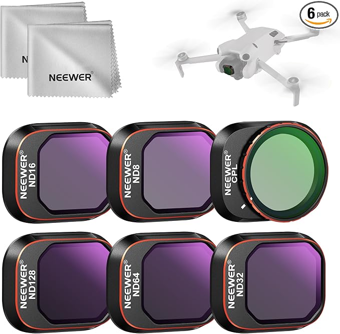 NEEWER ND Filter Set Compatible with DJI Mini 4 Pro, 6 Pack Multicoated HD Optical Glass ND8 ND16 ND32 ND64 ND128 CPL Circular Polarizing Neutral Density Filter Drone Accessories, 2X Cleaning Cloth by Neewer
