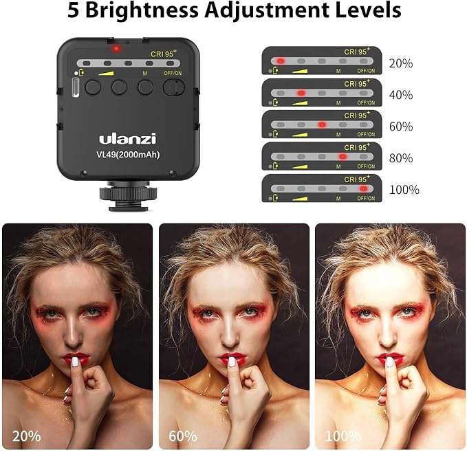 Ulanzi VL49 On-Camera LED Video Fill Light, 5500K 2000mAh Rechargeable | CRI95+, 3 Cold Shoe Light, Dimmable Brightness, Portable Mini Photography Lighting, for Vlog TikTok YouTube Live Streaming - Image 3