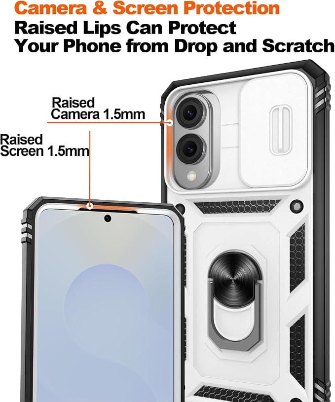Gritup Fit for Samsung Galaxy S25 Edge Case with Slide Camera Cover | 2 Pcs Screen Protector, Build in 360° Rotating Ring Kickstand, Military Grade Protective Phone Case, White+Black - Image 5