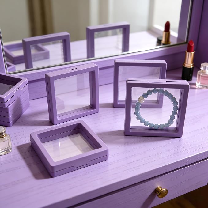 12 PCS Dual-Color Packaging Box 3D Floating Frame Display Stand, Color-Matching Packaging Display Box, Transparent Window Jewelry Case, PE Film Anti-Oxidation Storage Case. (Purple+Black) - Image 4