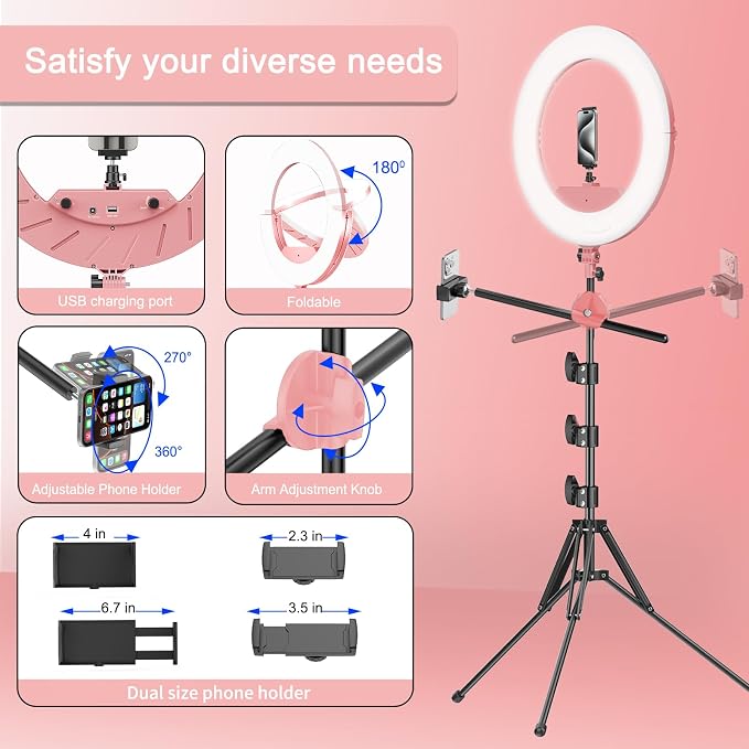 55W18 45cm Ring Light Kit [New Version] 6700K Dimmable LEDRinglightTripod Stand Dual Phone Holder for iPhone Selfie Makeup LashTattoo Studio Lighting Painting,Photo Video Recording (Pink) - Image 6