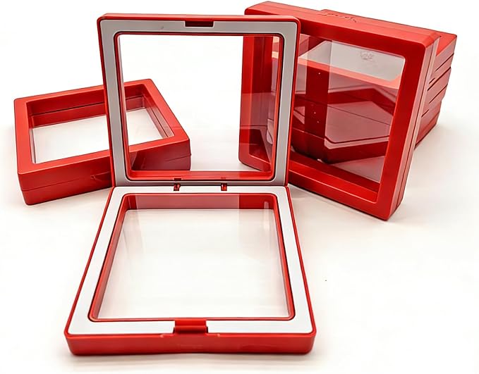 12 PCS Dual-Color Packaging Box 3D Floating Frame Display Stand, Color-Matching Packaging Display Box, Transparent Window Jewelry Case, PE Film Anti-Oxidation Storage Case. (Red+White) - Image 2