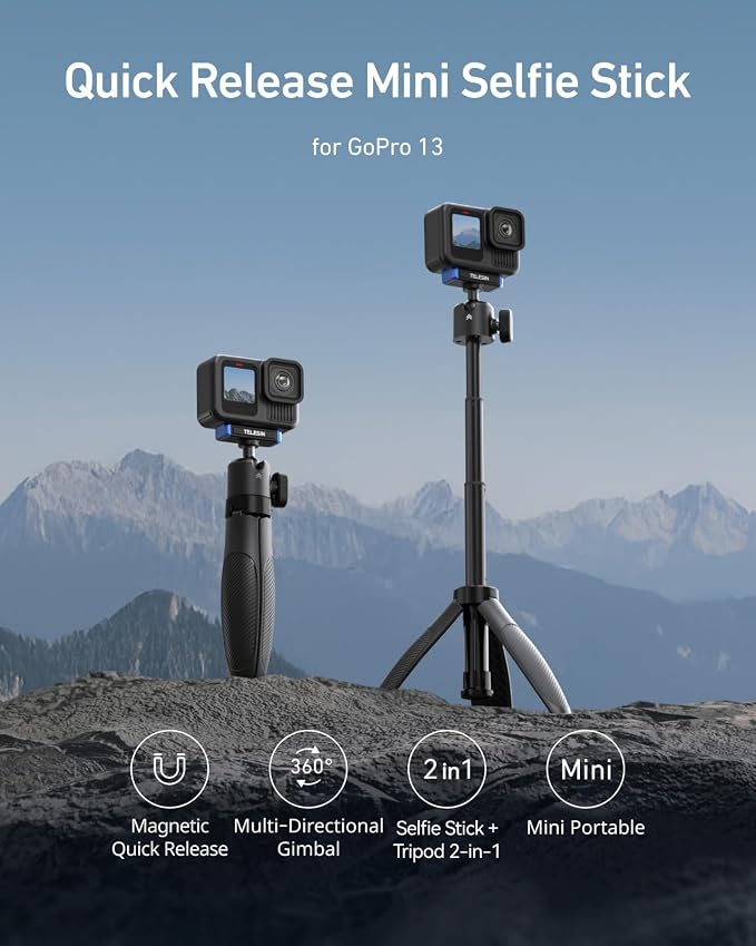 TELESIN 40cm/15.7in Mini Selfie Stick Tripod for Gopro 13 / Mission 1 Pro | Magnetic Quick Release, Anti-Slip Handle Grip, 360° Ball Head, Vlog Extended Pole for Go Pro Hero 13 Black Camera Accessories - Image 6