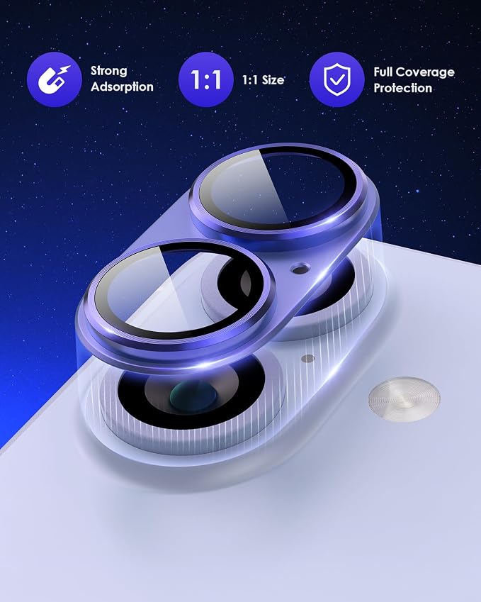 Compatible for iPhone 17 /iPhone 16 /iPhone 16 Plus Camera Lens Protector Metal Plus Aluminium Alloy Ring 9H Tempered Glass Screen Case Friendly Camera Cover Blue - Image 2