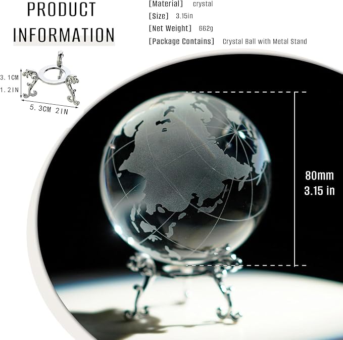 3.15in Crystal Earth Globe with Stand Glass World Globe Paperweight | Premium K9 crystal Includes metal stand Ready for desk office bookshelf and home display - Image 2