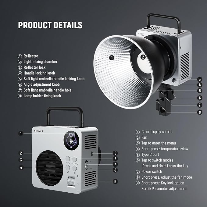 NEEWER 80W RGBWW LED Video Light with 72Wh Battery, 100W PD Fast Charger, APP/2.4G Control, 10400lux/m 2500K-7500K, Mini RGB Bowens Mount Studio Photography Recording Continuous Output Lighting, HB80C - Image 8