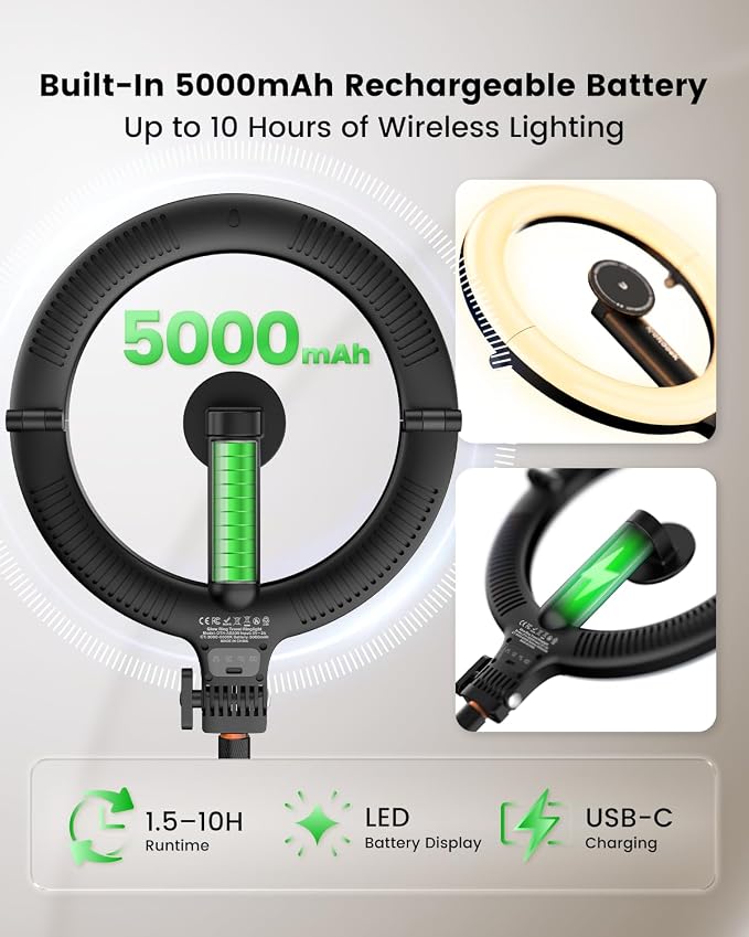 KraftGeek Ring Light with Stand, Magnetic Phone Tripod with Light | 5000mAh Rechargeable 10.2" LED Ring Light, Portable Foldable Design, Auto-Open Tripod, Up to 76" Height, Up to 10H Runtime - Image 3