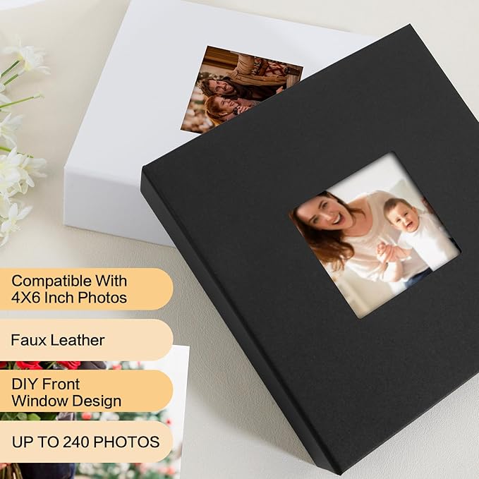 4x6 Photo Album Holds 240 Photos Writing Space, PU Leather, Black | Clear Acid-Free Sleeves, Memo Writing Areas, Front Display Window, Baby, Wedding, Travel & Family Picture Keepsakes - Image 2