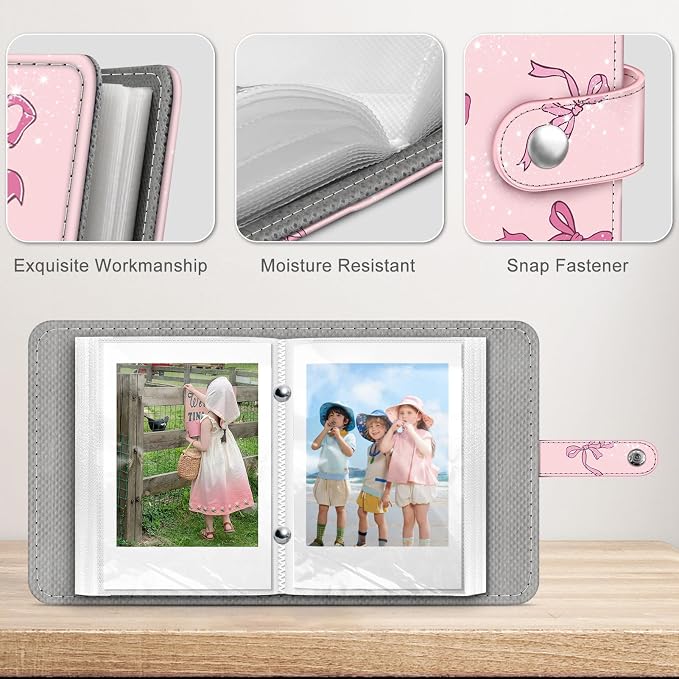 Fintie Mini Photos Album Book for 2x3 Inch Films - 52 Pockets Small Albums | For Fujifilm Instax Mini, Polaroid Hi-Print Pictures, Portable Kpop Photocard Holder, Travel Memory Book, Pink Bow - Image 7