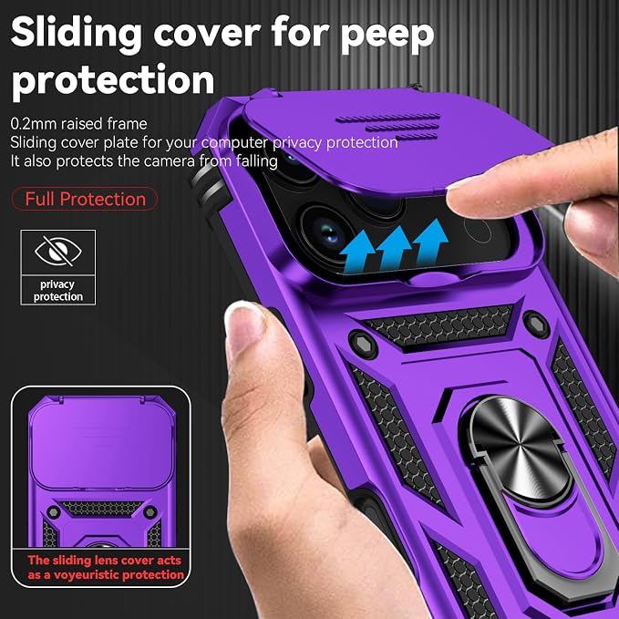 SunStory Phone Case for iPhone 17 Pro Case with HD Screen Protector & Slide Camera Cover & Rotated Ring Kickstand, [Military-Grade] Phone Case for iPhone 17 Pro, Purple - Image 3