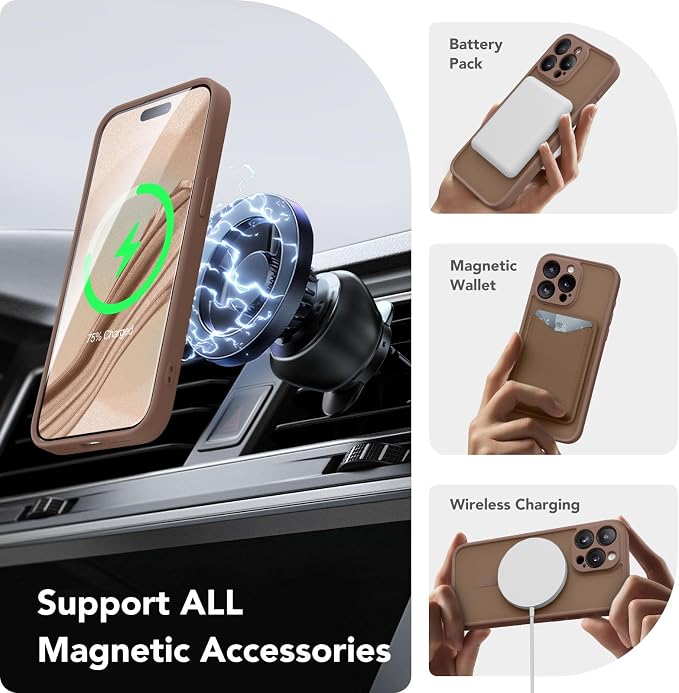 CAPRARO for iPhone 15 Pro Max Case, Compatible with MagSafe Brown | Upgraded [Full Camera Protection] Shockproof Protective Slim Translucent Matte Magnetic Phone Case 6.7'', Brown - Image 3