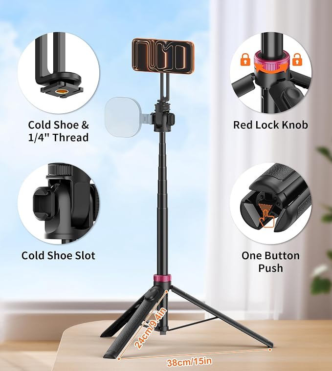 69" Magnetic Phone Tripod Stand Selfie Stick with Remote & Phone Mount | Portable Stand holder Rechargeable with Tripod Leg，360°Rotatable Travel Tripod Compatible for iPhone/Android/Magsafe - Image 5