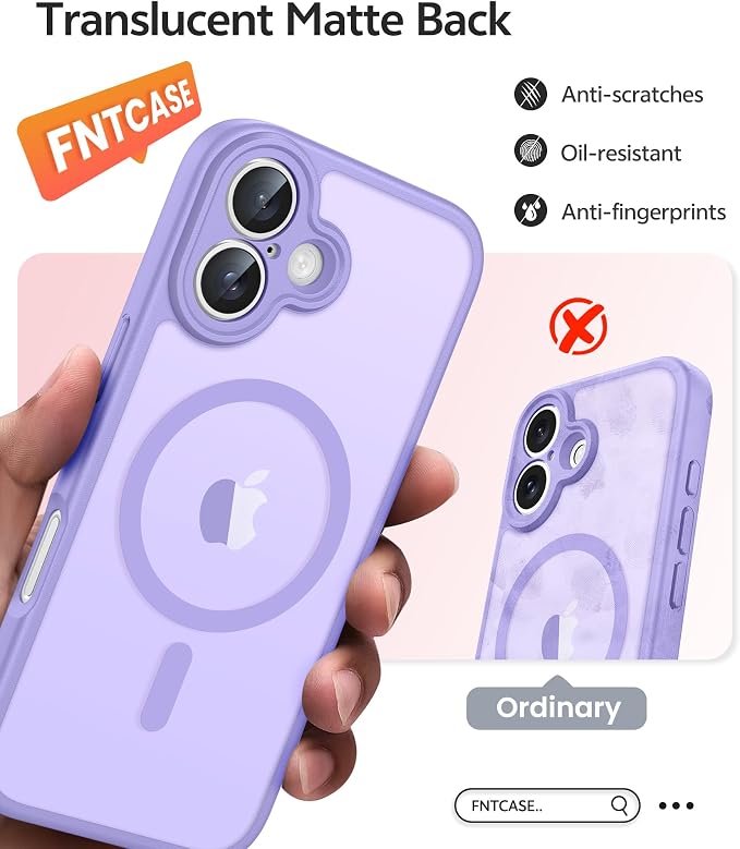 FNTCASE for iPhone 17 Case, Compatible with Magsafe, Glass Screen Protector | Full Camera Protection, Translucent Matte, 14FT Military Grade Drop Proof, Shockproof Protective Phone Cover, Light Purple - Image 6