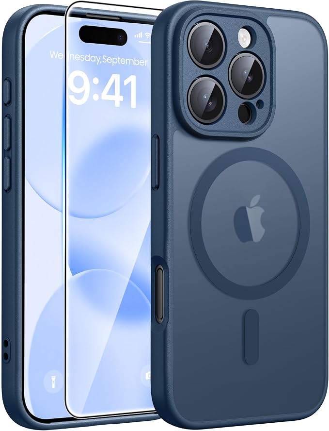 FNTCASE for iPhone 16 Pro Max Case, Fit for Magsafe, Glass Screen Protector | Full Camera Protection, Translucent Matte, 14FT Military Grade Drop Proof, Shockproof Protective Phone Cover, Blue by FNTCASE