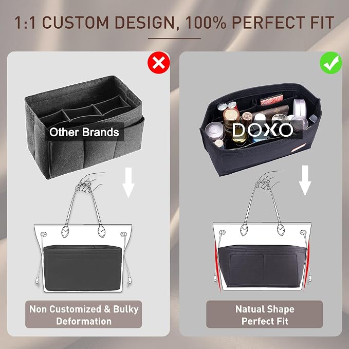 Doxo Purse Organizer Insert for Handbags & Base Shaper 2pc Set, Felt Neverfull MM Organizer Insert, Tote Bag Organizer with Zipper Pocket and Bottle Holder, Fit Speedy 30 Neverfull MM and More,Black-L - Image 5